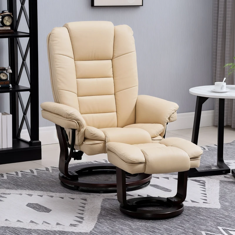 HOMCOM Faux Leather 135° Reclining Chair and Footstool - Beige