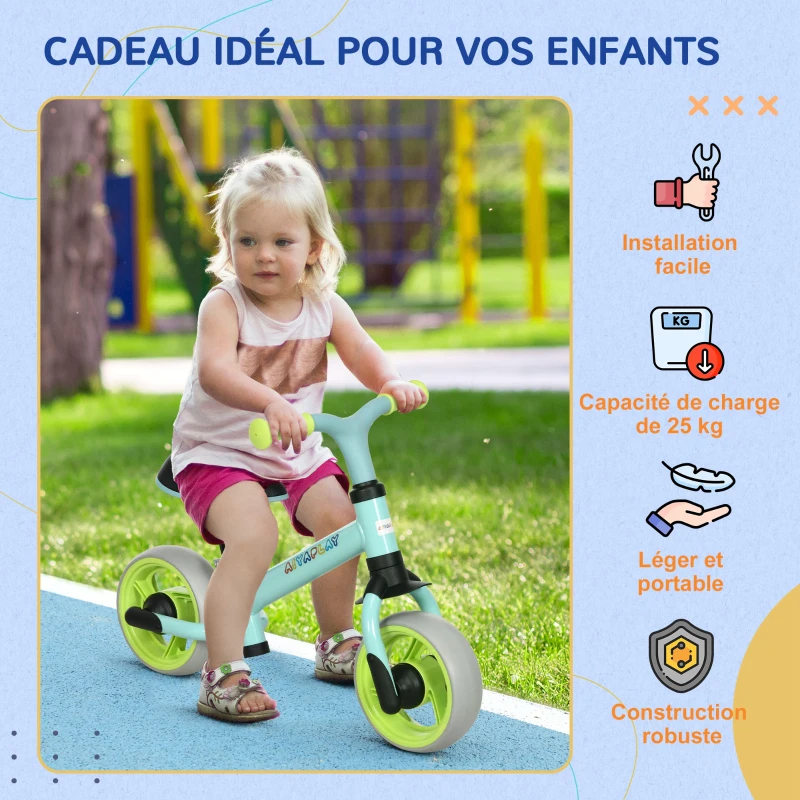 AIYAPLAY Vélo d'équilibre pour bébé siège réglable roues EVA jouet enfant pour bébé 18-48 mois pour garçons et filles vert