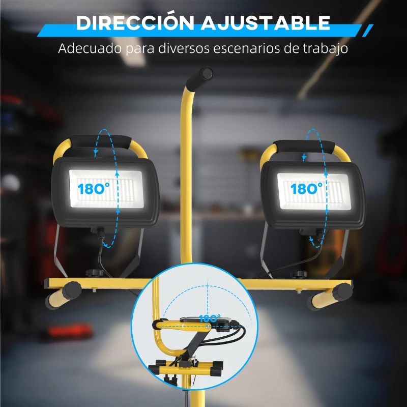 HOMCOM Foco LED Doble con Trípode Plegable 8500 Lúmenes IP65 6500K y Cabezas Ajustables para Interior y Exterior Amarillo