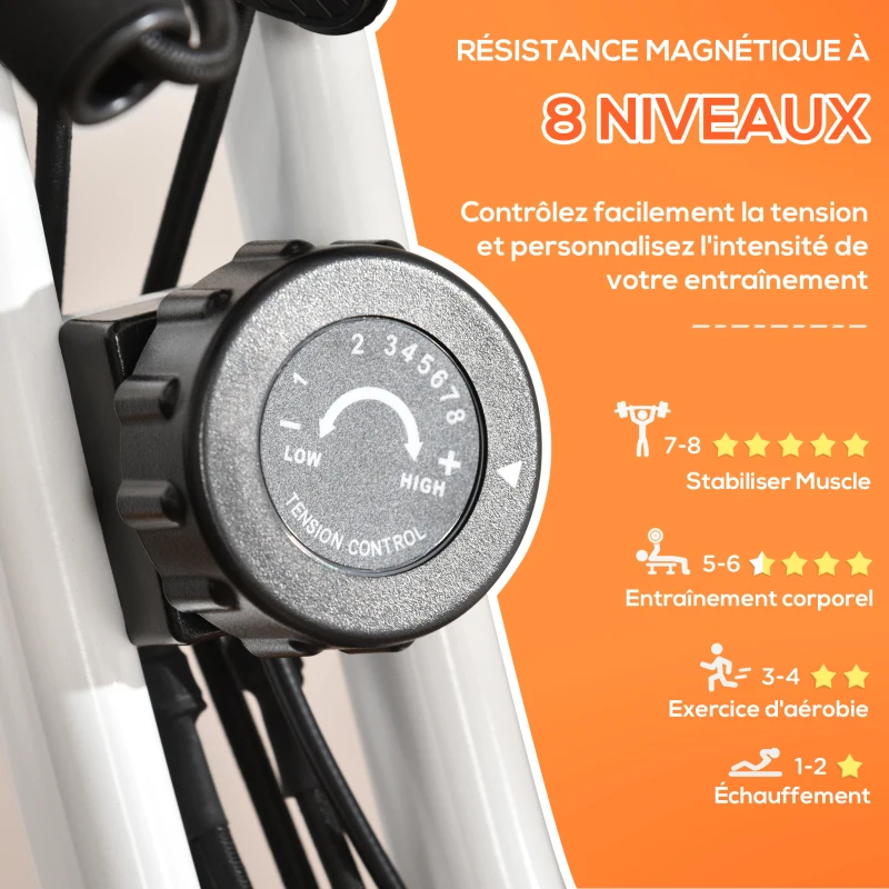 HOMCOM Vélo d'appartement pliable, vélo d'exercice, home traîner pour adultes, 8 niveaux de résistance magnétique, capteurs pouls main, écran LCD multifonction, selle réglable, acier, orange, blanc