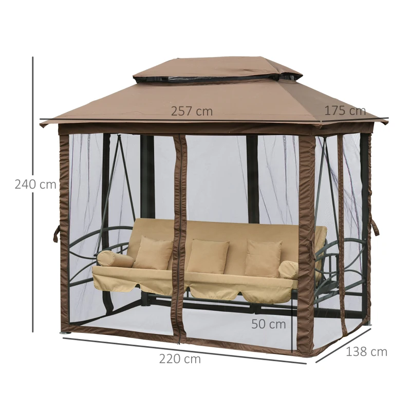 Outsunny Dondolo 3 Posti da Giardino Convertibile in Lettino con Gazebo, con Zanzariera e Cuscini, 257x175x240cm Cachi
