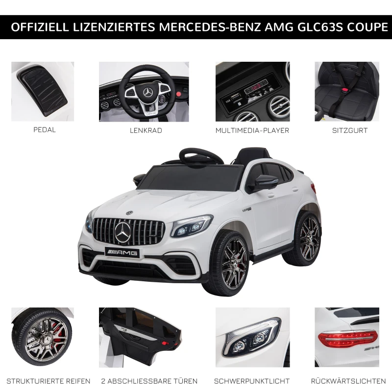 HOMCOM Kinderfahrzeug 12V Mercedes-Benz AMG GLC63S COUPE lizenzierter Elektroauto mit Fernbedienung Sicherheitsgurt  2 x 35W Motoren MP337-60 Monate Weiß 115 x 70 x 55 cm