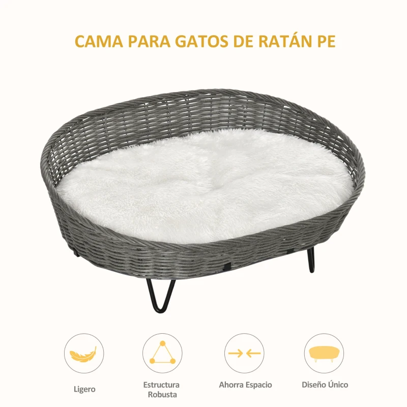 PawHut Cama para Perros Gatos de Mimbre Cesta Ratán para Mascotas Medianas Pequeñas con Cojín Lavable y Patas Elevadas de Acero 76x59x32 cm Gris y Blanco