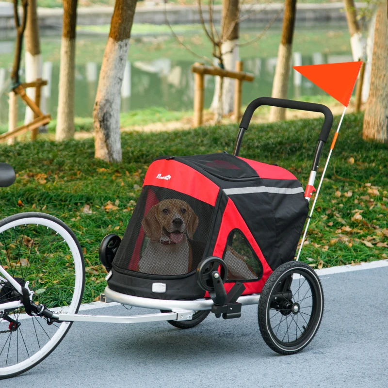PawHut 2 in 1 Aluminium Foldable Dog Bike Trailer, Pet Stroller, for Medium Dogs - Red