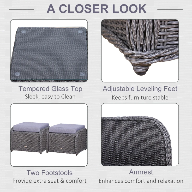 Outsunny 5PCS Deluxe Garden Rattan Furniture Sofa Chair & Stool Table Set  Patio Wicker Weave Furniture Set Aluminium Frame Fully-assembly - Grey