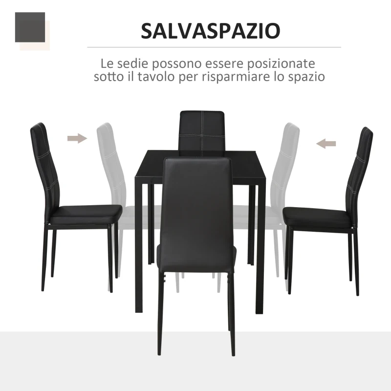 HOMCOM Set 5 Pezzi con 1 Tavolo e 4 Sedie per Cucina o Sala da Pranzo in Finta Pelle, Metallo e Vetro Temperato, Nero