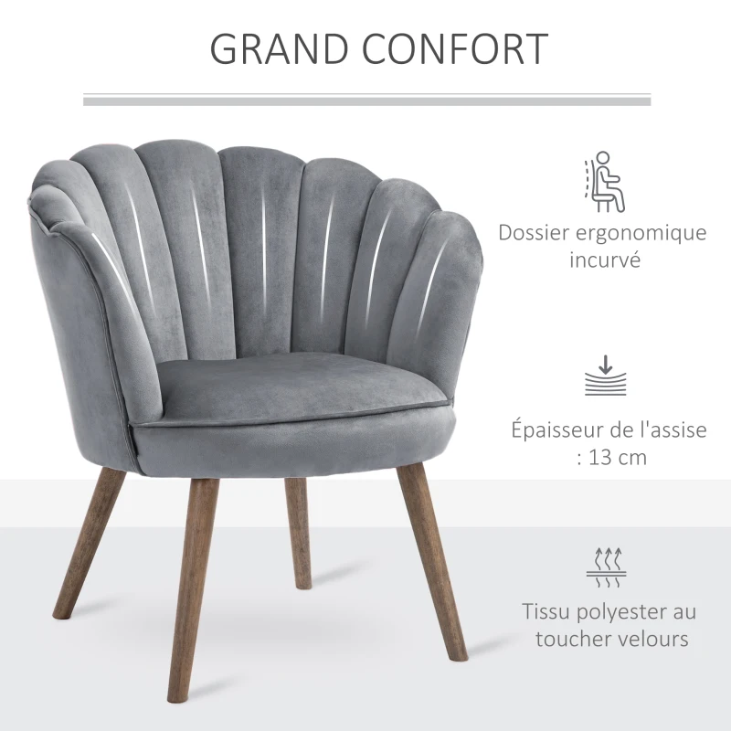 HOMCOM Fauteuil Coquillage Fauteuil de Salon Chambre avec Dossier et Coussin Aspect Velours Pieds en Bois hévéa dim. 66L x 66l x 78,5H cm, Gris
