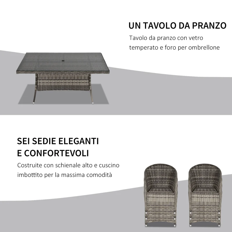Outsunny 7Pz Set Tavolo e Sedie da Giardino in Rattan con Vetro Temperato da 5mm, Salottino di Lusso da Giardino con Foro per Ombrellone, Grigio