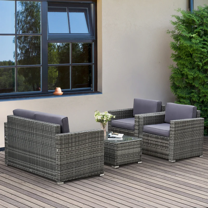 Outsunny Set da Giardino 4 Pezzi in Rattan PE e Acciaio, con Divano, 2 Poltrone e Tavolino da Caffè, Grigio