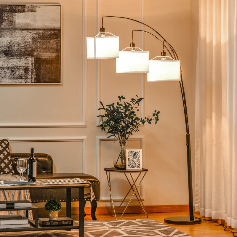 HOMCOM Lampada da Terra con 3 Luci e Braccia Flessibili, Base in Marmo e Palo in Metallo, 103x34.5x205cm, Nero e Bianco