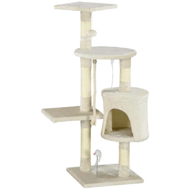 PawHut Rascador para Gatos Altura 116 cm Árbol para Gatos Torre de Escalada con Postes Rascadores de Sisal Cueva Plataformas y Juguetes Divertidos Colgantes Beige