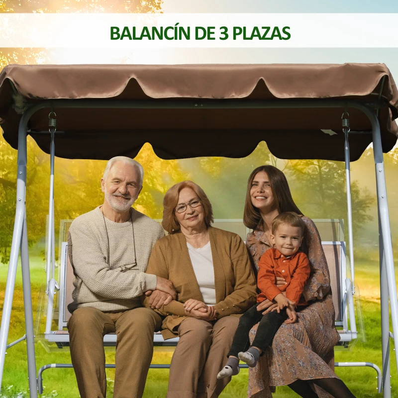 Outsunny Balancín Jardín Exterior Columpio Exterior de 3 Plazas con Toldo Ajustable Respaldo Transpirable y Marco de Metal para Terraza Balcón Carga 240 kg 171x108x154 cm Marrón
