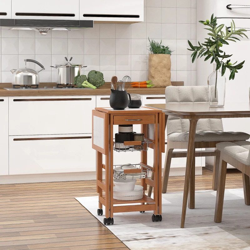 HOMCOM Carrello da Cucina con Piano in Mattonella Servizio Ausiliare Legno metallo Cromato 6 Ruote Cassetto