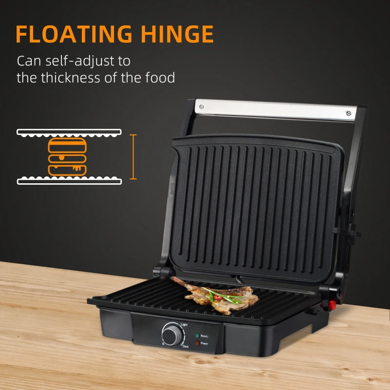 HOMCOM Health Grill & Panini Press, 4 Slice Toastie Machine, 2000W Electric Non-stick Grill with 180° Flat Open, Drip Tray and Adjustable Temperature, Sandwich Toaster Maker