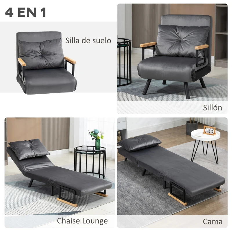 HOMCOM Sofá Cama Individual Plegable Silla Cama Convertible 4 en 1 Respaldo Ajustable de 5 Niveles y Almohada 63x73x81 cm Gris