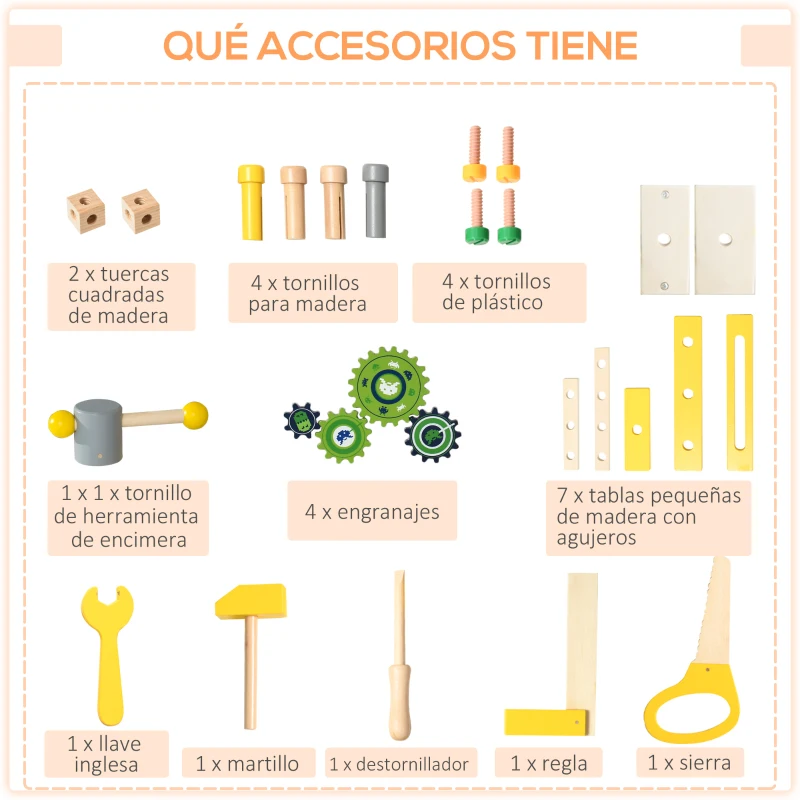 HOMCOM Banco de Herramientas de Madera para 3-6 Años con 27 Accesorios y Herramientas de Juguete 55,3x30x78cm Multicolor