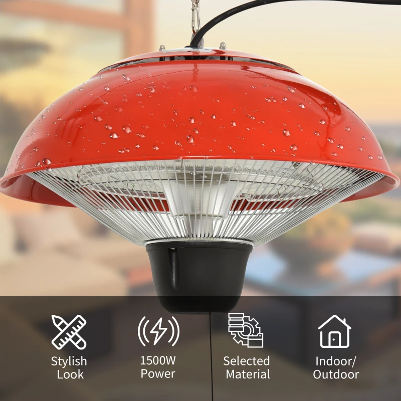 Outsunny 1500W Garden Electric Halogen Outdoor Heater Hanging Lamp Aluminum Outdoor Ceiling Mounted Heat Warmer - Red