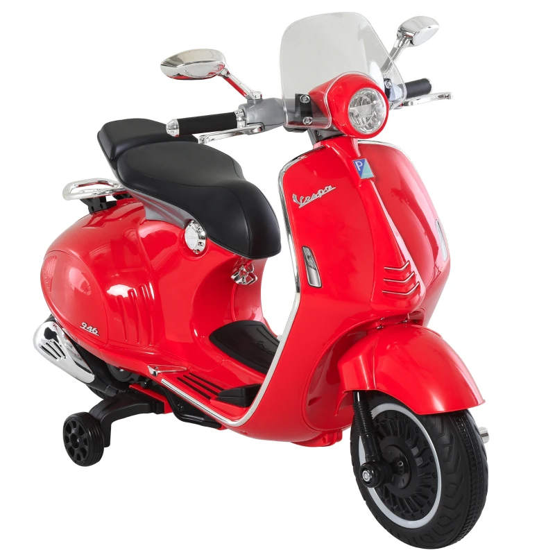 HOMCOM Moto de Batería Autorizada de VESPA con Faros Música 2 Ruedas Auxiliares 108x49x75 cm Rojo