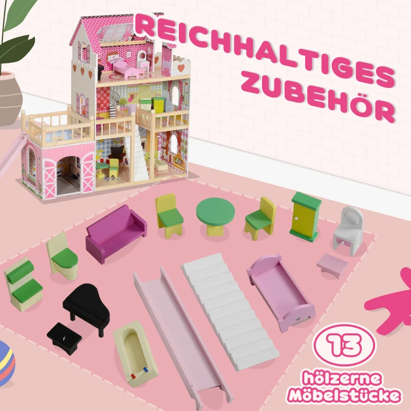 AIYAPLAY Puppenhaus, 3 Etagen, 13 Möbelstücke, Garage, Rutschen & Balkon, 114 x 32 x 92 cm, Rosa(m-6)