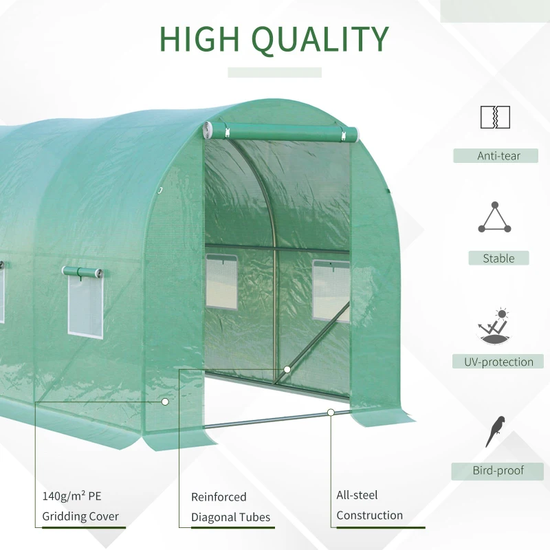 Outsunny 4 x 2 x 2 m Polytunnel Greenhouse with Roll-up Door and 6 Mesh Windows, Walk-in Garden Tunnel Warm House Tent with UV-resistant PE Cover and Galvanised Steel Frame, Green