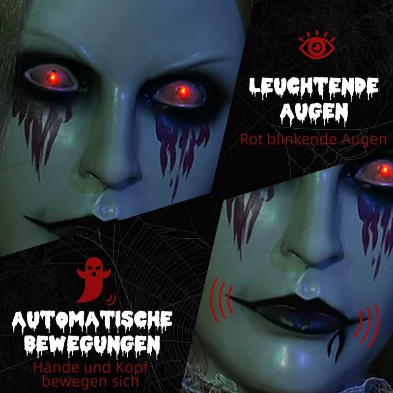 HOMCOM Halloween-Dekoration Zombiebraut, LED-Augen, heult, fährt hoch, Geräusch- & Bewegungssensor, 36 cm