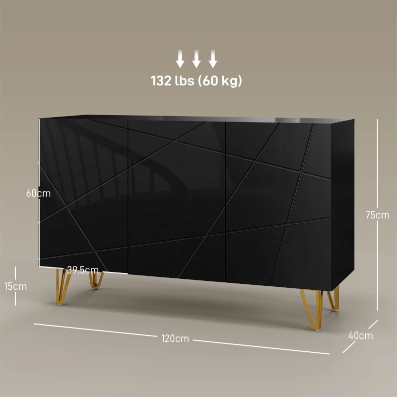 HOMCOM Mobile Contenitore con 2 Armadietti e Ripiano Regolabile, in Truciolato e Metallo, 120x40x75 cm, Nero e Oro