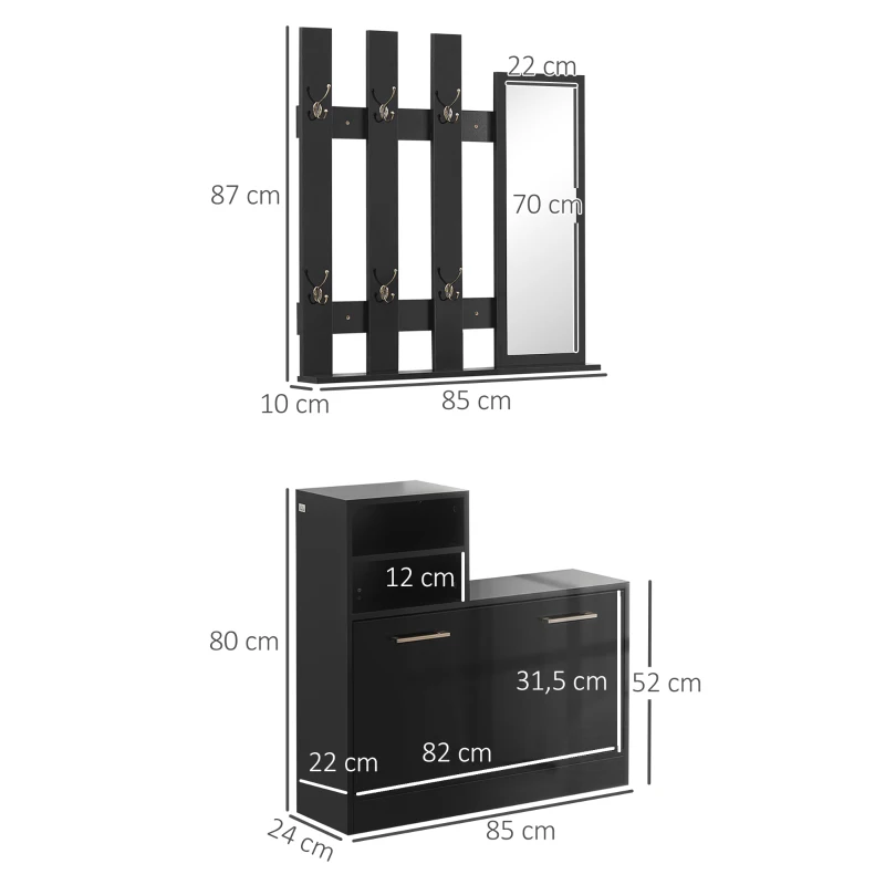 HOMCOM Recibidor con Espejo Perchero y Zapatero Muebles de Entrada con 6 Ganchos y Estantes para 8 Pares de Zapatos Negro