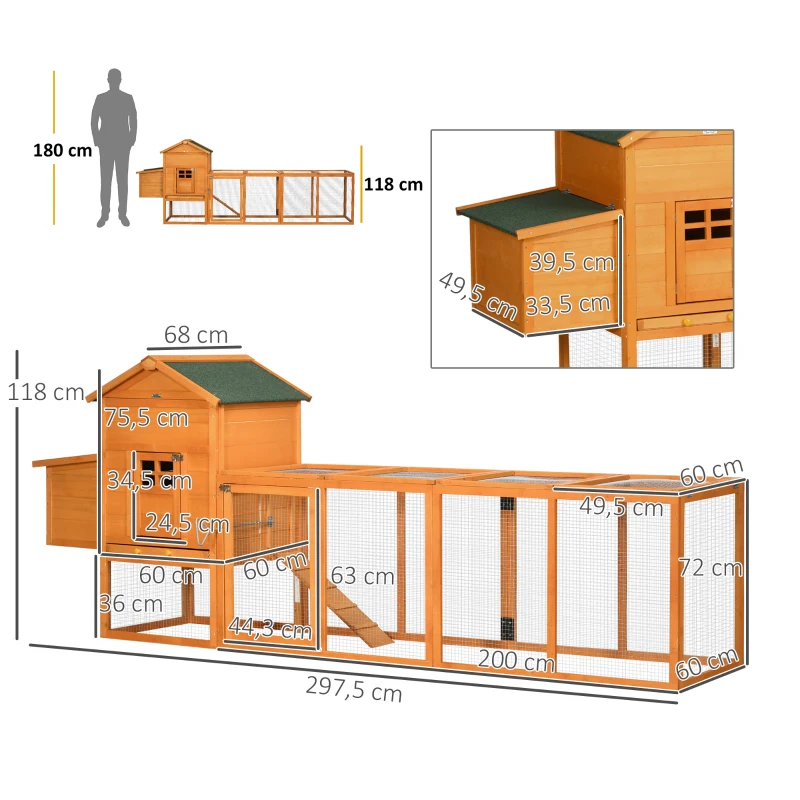 PawHut Gallinero de Madera Grande para 3-6 Gallinas con Techo Asfáltico Nido y Bandeja Extraíble 297,5x68x118 cm Natural(m-3)