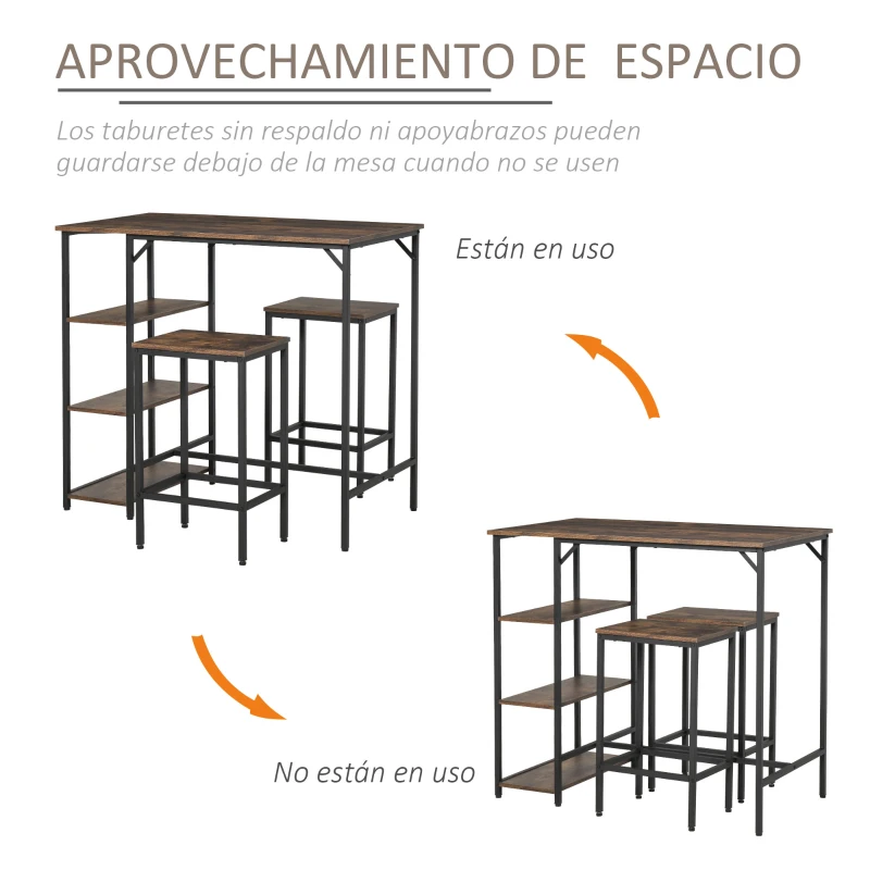 HOMCOM Set de Mesa de Bar y 2 Taburetes con Reposapiés y Estantes de 3 Niveles Almohadillas 109x60x100 cm Marrón Rústico