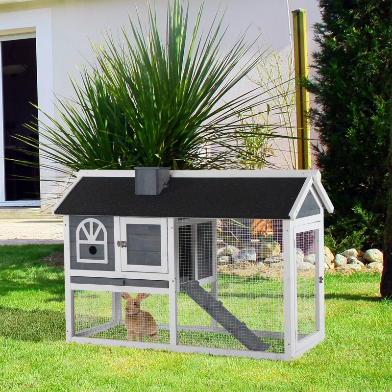 PawHut Wooden Rabbit Hutch and Run with Sliding Tray, Ramp, Water-resistant Roof, for 2-4 Rabbits, Grey