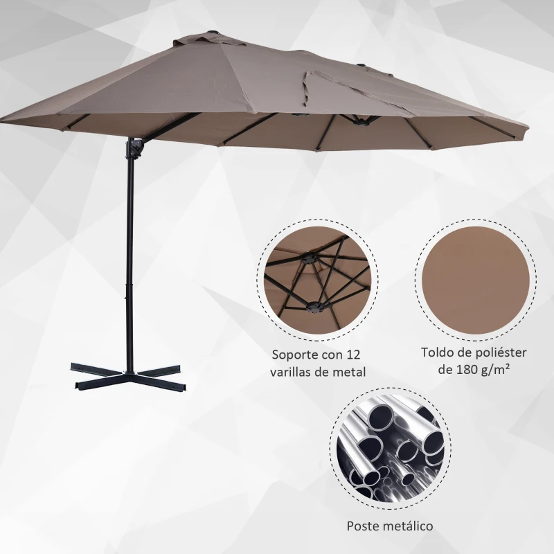 Outsunny Sombrilla Doble de 270x440x250 cm Parasol Grande Inclinable con Manivela para Abrir y Cerrar Fácil Color Marrón