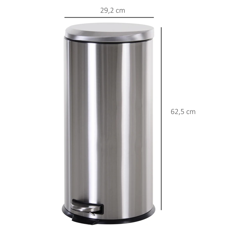 HOMCOM 30L Mülleimer Treteimer aus Edelstahl, Abfalleimer mit Inneneimer, Müllbehälter mit Deckel und Fußpedal, für Wohnzimmer, Büro, Ø29,2 x 62,5 cm
