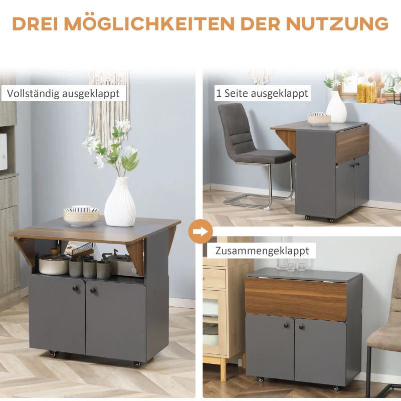 HOMCOM Klapptisch Rollschrank, zwei klappbare Tischseiten, Schrankfach, 4 Rollen, Hellgrau+Dunkelbraun, 70 x 83 x 75cm