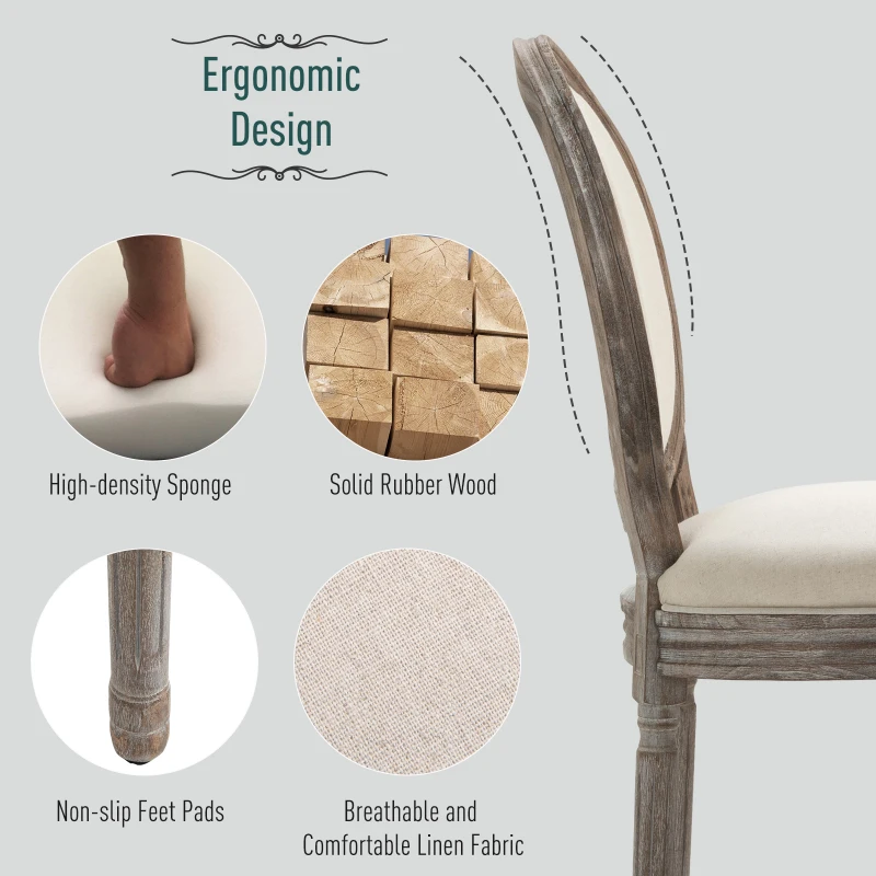 HOMCOM Dining Chairs Set of 2, French-Style Upholstered Kitchen Chairs with Padded Seats, Wood Frame and Round Back, Cream White