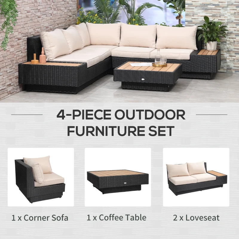 Outsunny 4 PCs Rattan Garden Furniture Outdoor Sectional Corner Sofa and Coffee Table Set  Conservatory Wicker Weave Furniture with Armrest and Cushions - Black