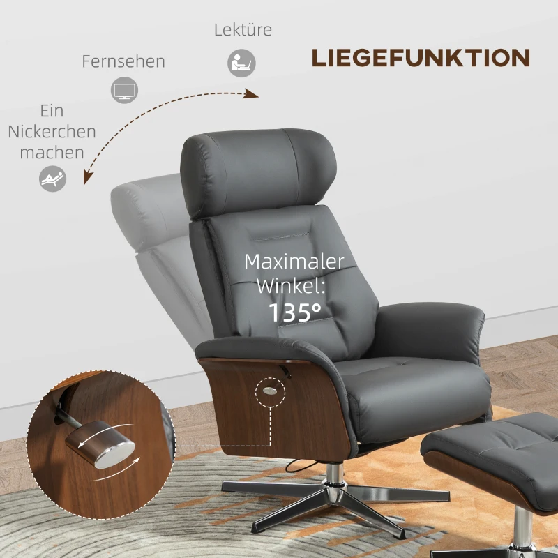 HOMCOM Relaxsessel mit Hocker, Liegefunktion, drehbar, Lederoptik, bis 150 kg, Dunkelgrau