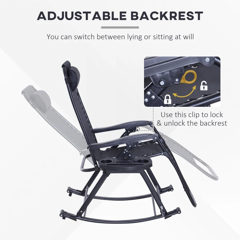 Outsunny Foldable Garden Rocking Chair, Outdoor Recliner Sun Lounger with Breath Mesh Fabric, Zero-Gravity Seat with Headrest, Cup Holder Tray, Black