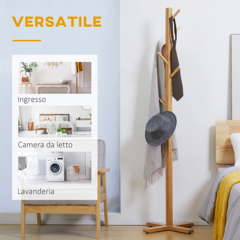 HOMCOM Appendi Abiti da Terra in Legno di bambù con 8 Ganci e Base a X, 49.5x 49.5x 178cm, Naturale