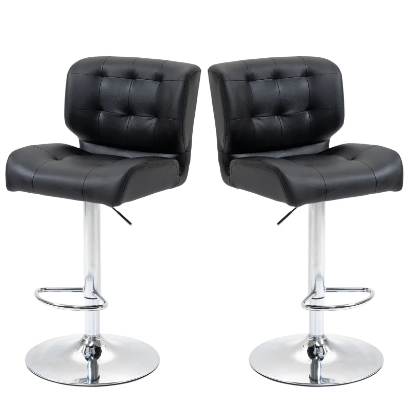 HOMCOM Set 2 Sgabelli da Bar Girevoli e Imbottiti in Pelle PU Nera con Schienale e Poggiapiedi, Altezza Regolabile, per Cucina o Pub, 50x55.5x93-114cm