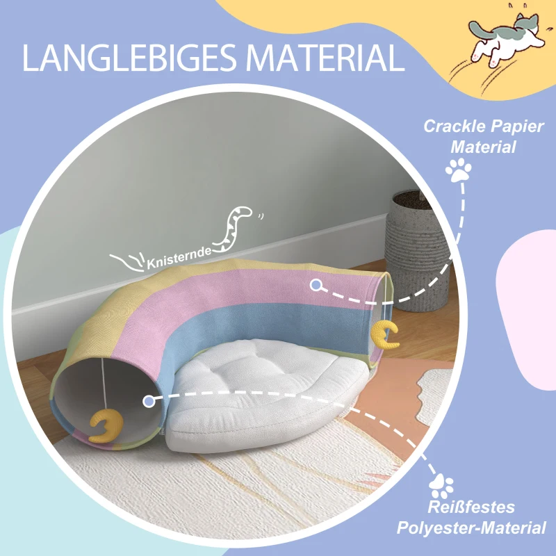 PawHut Katzentunnel Katzenspielzeug,  2 Spielzeuge, 1 Liegepolster, verspieltes Design, 105 cm x 65 cm x 28 cm, Mehrfarbig