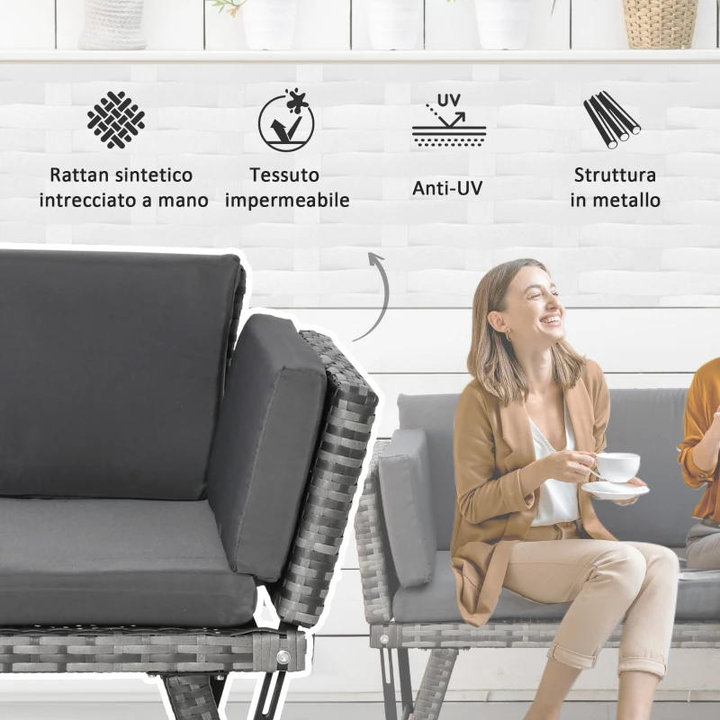 Outsunny Divano da Giardino 2 Posti in Rattan con Imbottitura e Braccioli Ribaltabili, 129x63x67cm, Grigio