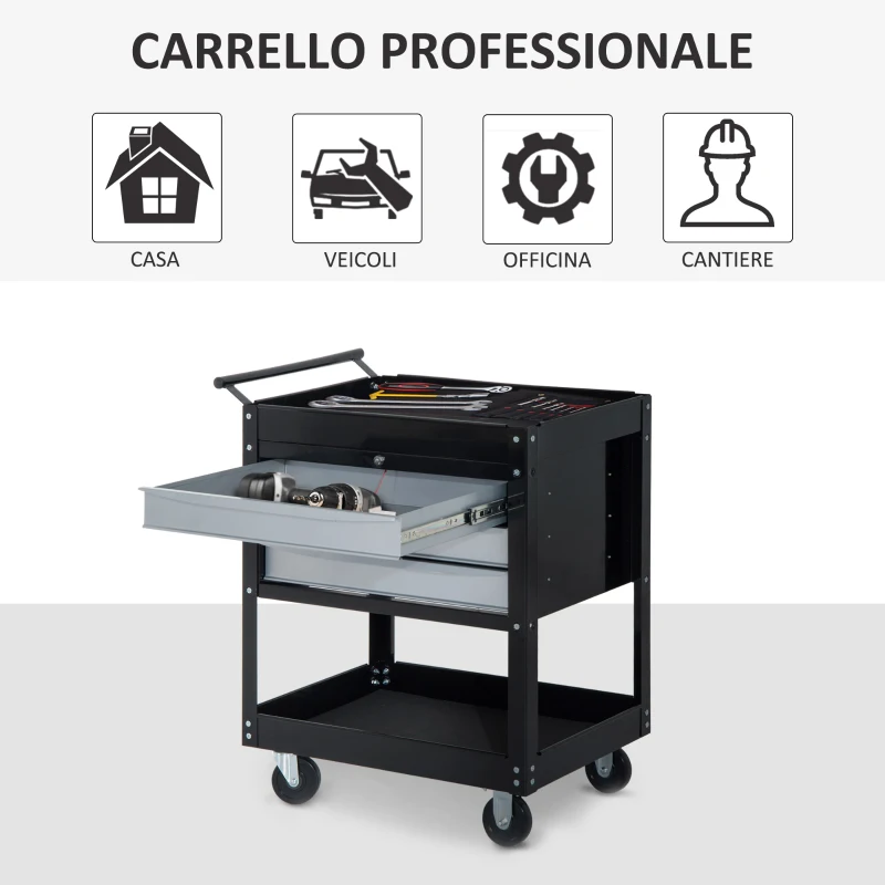 HOMCOM Carrello da Officina Professionale Cassettiera Portautensili in Lamiera, Nero, 68 x 46 x 88cm