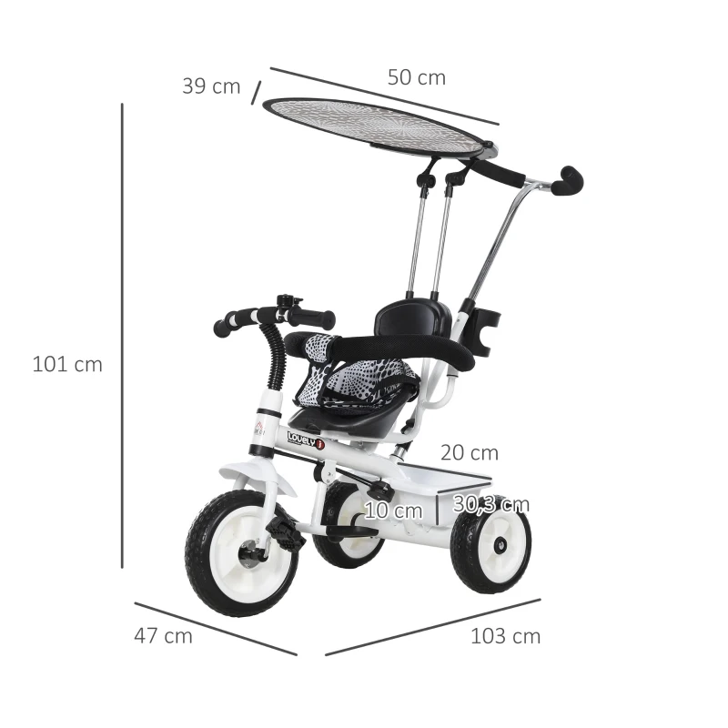 HOMCOM Triciclo para Bebés 6 en 1 Triciclo Evolutivo para Niños de +18 Meses con Toldo Plegable Mango de Empuje Telescópico y Desmontable Asiento Ajustable Cesto y Portabotellas Blanco