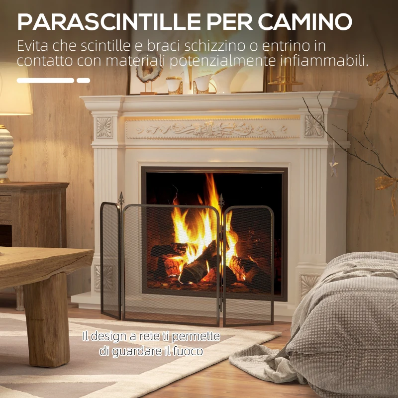 HOMCOM Parascintille Camino Pieghevole a 3 Pannelli in Metallo, 96x1.3x56 cm, Nero