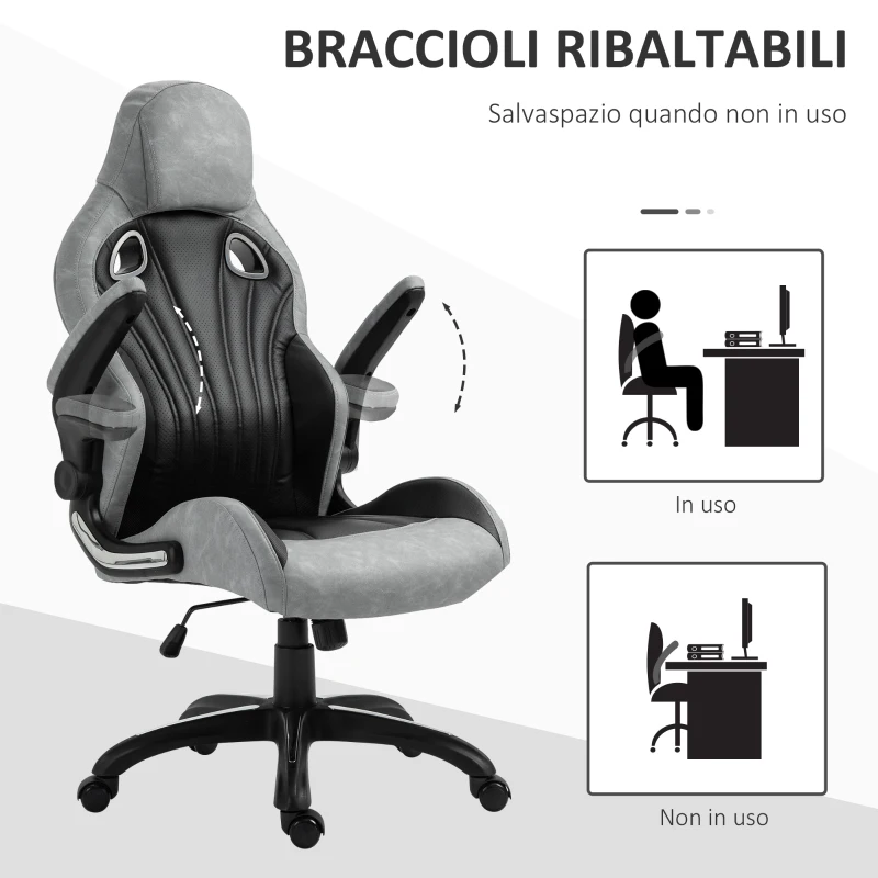 Vinsetto Sedia da Ufficio Poltrona Gaming, Ergonomica con Schienale Alto, Girevole e Altezza Regolabile, Nero e Grigio