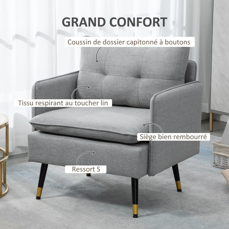 HOMCOM Fauteuil scandinave dossier capitonné avec passepoil en tissu 76 x 68 x 80 cm gris clair et pieds en métal noir et doré