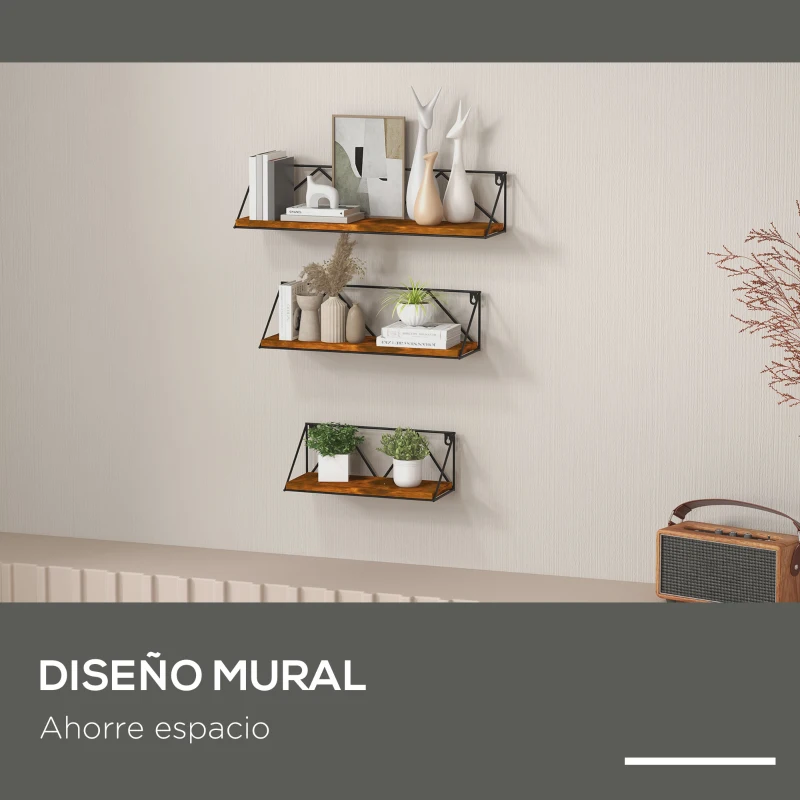 HOMCOM Set de 3 Estantes Flotantes para Salón Dormitorio Pasillo 30x12x12cm 40x12x12cm 50x12x12cm Marrón Rústico y Negro