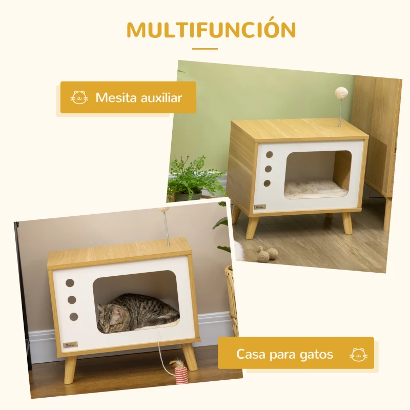 PawHut Cama Cueva para Gatos Estilo Televisor con Cojín Lavable y Bola de Juguete 50x28x43 cm Roble