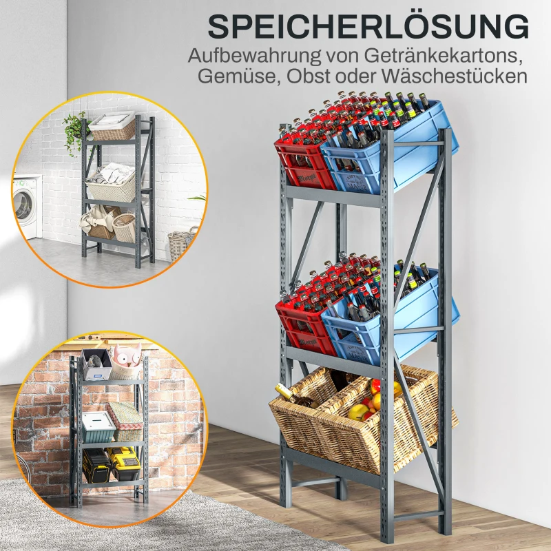 HOMCOM Getränkekistenregal, 3-stufig, beschichtetes Stahl, schnelle Montage, Grau, 80x30x160 cm