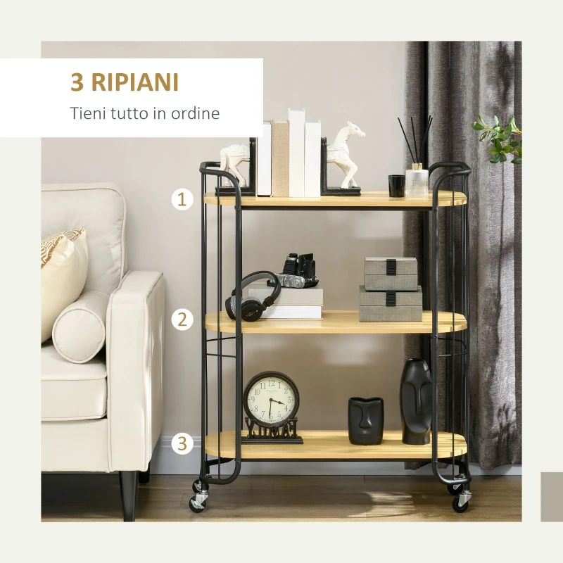 HOMCOM Carrello da Cucina Multiuso a 3 Livelli in Truciolato e Acciaio con Maniglia e 4 Ruote, 79x38x95 cm